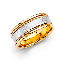 Ioka Jewelry - 14K Two Tone White and Yellow Gold 8mm Hammer Rope Wedding Band Ring