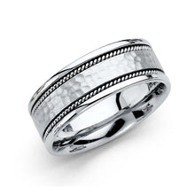 Ioka Jewelry - 14K White Gold 8mm Hammer Rope Wedding Band Ring