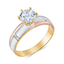 Ioka Jewelry - 14K Tri Color Solid Gold 1 Ct. Round Cut Solitaire Cubic Zirconia CZ Wedding - ENGAGEMENT RING ONLY