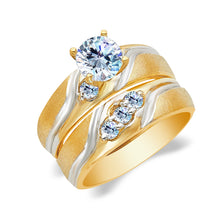 Ioka Jewelry - 14K Two Tone Solid 1 Ct. Round Cut Solitaire Gold Cubic Zirconia CZ Wedding Engagement Ring Set