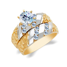 Ioka Jewelry - 14K Two Tone Solid Gold Cubic Zirconia CZ Wedding Engagement Ring Set