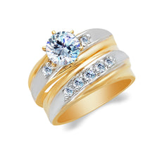 Ioka Jewelry - 14K Two Tone Solid Gold 1 Ct. Round Cut Solitaire Cubic Zirconia CZ Wedding Engagement Ring Set