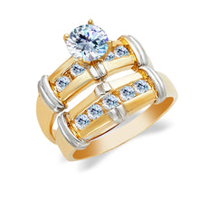 Ioka Jewelry - 14K Two Tone Solid Gold 1 Ct. Round Cut Solitaire Cubic Zirconia CZ Wedding Engagement Ring Set