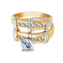 Ioka Jewelry - 14K Two Tone Solid Gold 1 Ct. Round Cut Solitaire Cubic Zirconia CZ Wedding Engagement Ring Set