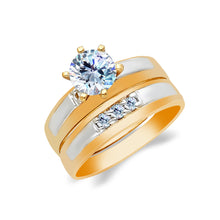 Ioka Jewelry - 14K Two Tone Solid Gold 1 Ct. Round Cut Solitaire Cubic Zirconia CZ Wedding Engagement Ring Set
