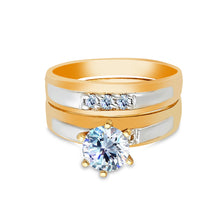 Ioka Jewelry - 14K Two Tone Solid Gold 1 Ct. Round Cut Solitaire Cubic Zirconia CZ Wedding Engagement Ring Set