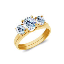 Ioka Jewelry - 14K Solid Gold 1 Ct. 3 Round Tri Stone Cubic Zirconia CZ Wedding Engagement 2 Ring Duo Set
