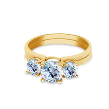 Ioka Jewelry - 14K Solid Gold 1 Ct. 3 Round Tri Stone Cubic Zirconia CZ Wedding Engagement 2 Ring Duo Set
