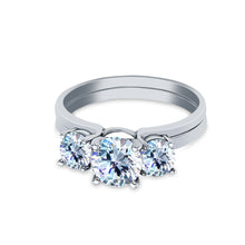 Ioka Jewelry - 14K White Solid Gold 1 Ct. 3 Round Tri Stone Cubic Zirconia CZ Wedding Engagement 2 Ring Duo Set