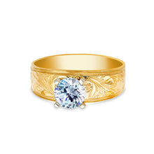 Ioka Jewelry - 14K Yellow Solid Gold 1 Ct. Round Solitaire Cubic Zirconia CZ Engraved Wedding Engagement Ring