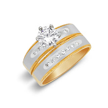 Ioka Jewelry - 14K Two Tone Solid Gold Cubic Zirconia CZ Women's Wedding Ring 2 Piece Set