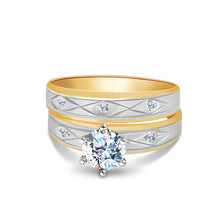 Ioka Jewelry - 14K Two Tone Solid Gold Cubic Zirconia CZ Women's Wedding Ring 2 Piece Set