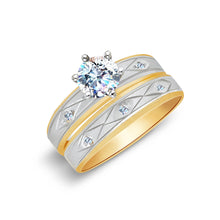 Ioka Jewelry - 14K Two Tone Solid Gold Cubic Zirconia CZ Women's Wedding Ring 2 Piece Set