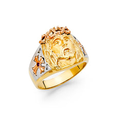 Ioka Jewelry - 14K Tri Color Solid Gold 16MM Cubic Zirconia CZ Jesus Head with Cross Men's Ring