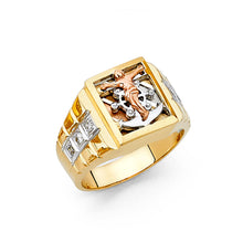 Ioka Jewelry - 14K Tri Color Solid Gold 13MM Cubic Zirconia CZ Jesus Crucifix Religious Men's Ring