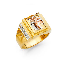 Ioka Jewelry - 14K Tri Color Solid Gold 13MM Cubic Zirconia CZ Jesus Crucifix Religious Men's Ring