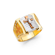 Ioka Jewelry - 14K Tri Color Solid Gold 13MM Cubic Zirconia CZ Jesus Crucifix Religious Men's Ring