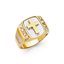 Ioka Jewelry - 14K Two Tone Solid Gold 12MM Cubic Zirconia CZ Cross Religious Men's Ring