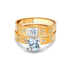 Ioka Jewelry - 14K Two Tone Solid Gold Cubic Zirconia CZ Wedding Engagement Ring Set