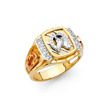 Ioka Jewelry - 14K Tri Color Solid Gold 15MM Cubic Zirconia CZ Lucky Horseshoe Men's Ring