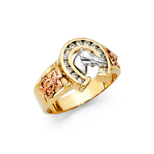 Ioka Jewelry - 14K Tri Color Solid Gold 15MM Cubic Zirconia CZ Lucky Horseshoe Men's Ring