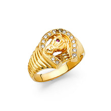 Ioka Jewelry - 14K Yellow Solid Gold 15MM Cubic Zirconia CZ Lucky Horseshoe Men's Ring