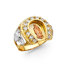 Ioka Jewelry - 14K Tri Color Solid Gold 17MM Cubic Zirconia CZ Lucky Horseshoe Virgin Mary Men's Ring