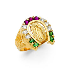 Ioka Jewelry - 14K Yellow Solid Gold 20MM Cubic Zirconia CZ Colorful Horseshoe Virgin Mary Men's Ring