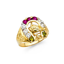 Ioka Jewelry - 14K Yellow Solid Gold 16MM Colorful Cubic Zirconia CZ Lucky Horseshoe with Horse Men's Ring