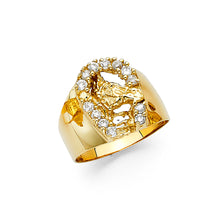 Ioka Jewelry - 14K Yellow Solid Gold 16MM Cubic Zirconia CZ Lucky Horseshoe with Horse Men's Ring