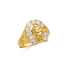 Ioka Jewelry - 14K Yellow Solid Gold 15MM Cubic Zirconia CZ Lucky Horseshoe with Horse Men's Ring
