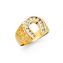 Ioka Jewelry - 14K Yellow Solid Gold 15MM Cubic Zirconia CZ Lucky Horseshoe Men's Ring