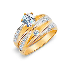 Ioka Jewelry - 14K Two Tone Solid Gold Cubic Zirconia CZ Wedding Engagement Ring Set