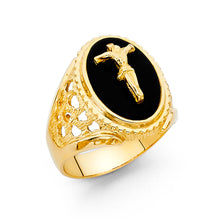 Ioka Jewelry - 14K Yellow Solid Gold 18MM Black Onyx Jesus Crucifix Religious Men's Ring