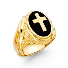 Ioka Jewelry - 14K Yellow Solid Gold 18MM Black Onyx Crucifix Cross Religious Men's Ring