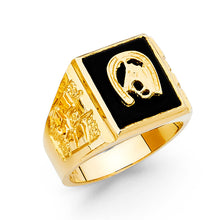 Ioka Jewelry - 14K Yellow Solid Gold 15MM Black Onyx Lucky Jockey Horseshoe with Horse Men's Ring