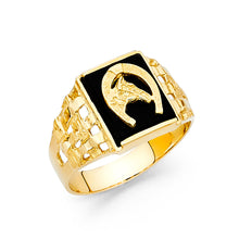 Ioka Jewelry - 14K Yellow Solid Gold 13MM Black Onyx Lucky Jockey Horseshoe with Horse Men's Ring