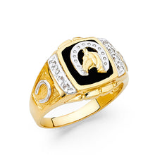 Ioka Jewelry - 14K Yellow Solid Gold 15MM Black Onyx Lucky Jockey Horseshoe with Horse Men's Ring