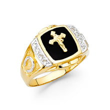 Ioka Jewelry - 14K Yellow Solid Gold 15MM Black Onyx Cross with Horseshoe Religious Men's Ring