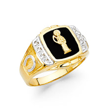 Ioka Jewelry - 14K Yellow Solid Gold 15MM Black Onyx Santa Muerte Grim Reaper with Horseshoe Men's Ring