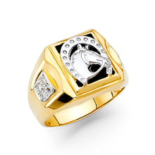 Ioka Jewelry - 14K Yellow Solid Gold 15MM Black Onyx Lucky Jockey Horseshoe with Horse Men's Ring