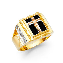 Ioka Jewelry - 14K Yellow Solid Gold 15MM Black Onyx Jesus Crucifix Men's Ring