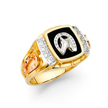 Ioka Jewelry - 14K Yellow Solid Gold 15MM Black Onyx with Cubic Zirconia Lucky Horseshoe Men's Ring