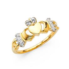 Ioka Jewelry - 14K Yellow Solid Gold 10MM Cubic Zirconia CZ Irish Claddagh Ring