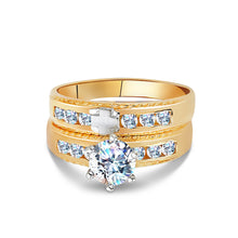 Ioka Jewelry - 14K Two Tone Solid Gold Cubic Zirconia CZ Wedding Engagement Ring Set