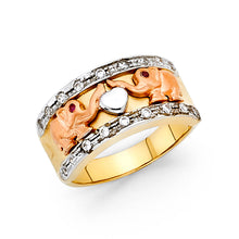 Ioka Jewelry - 14K Tri Color Solid Gold Cubic Zirconia CZ Fancy Dual Elephant With Heart Ring