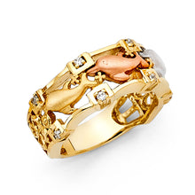 Ioka Jewelry - 14K Tri Color Solid Gold Cubic Zirconia CZ Fancy Dual Dolphin Ring