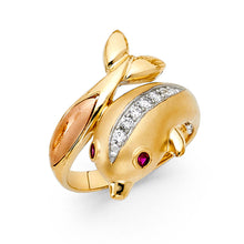 Ioka Jewelry - 14K Two Tone Solid Gold Cubic Zirconia CZ Fancy Dolphin With Tail Ring