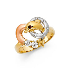 Ioka Jewelry - 14K Tri Color Solid Gold Cubic Zirconia CZ Fancy Dolphin in Hoop Ring