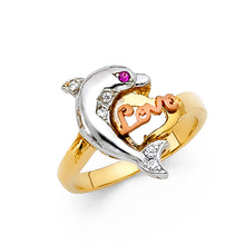Ioka Jewelry - 14K Tri Color Solid Gold Cubic Zirconia CZ Fancy Dolphin with Heart Ring